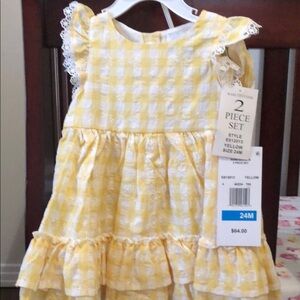 Yellow Gingham Dress with Lace Trim